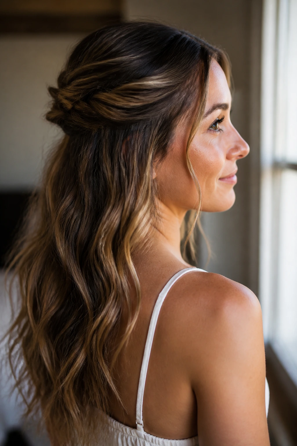 Close-up of half-up twist waves keeping hair off the neck