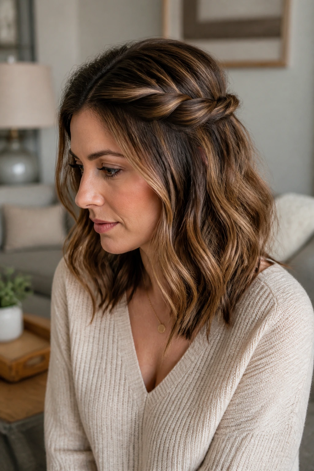 Real woman with half-up twist on medium wavy hair, close-up portrait.