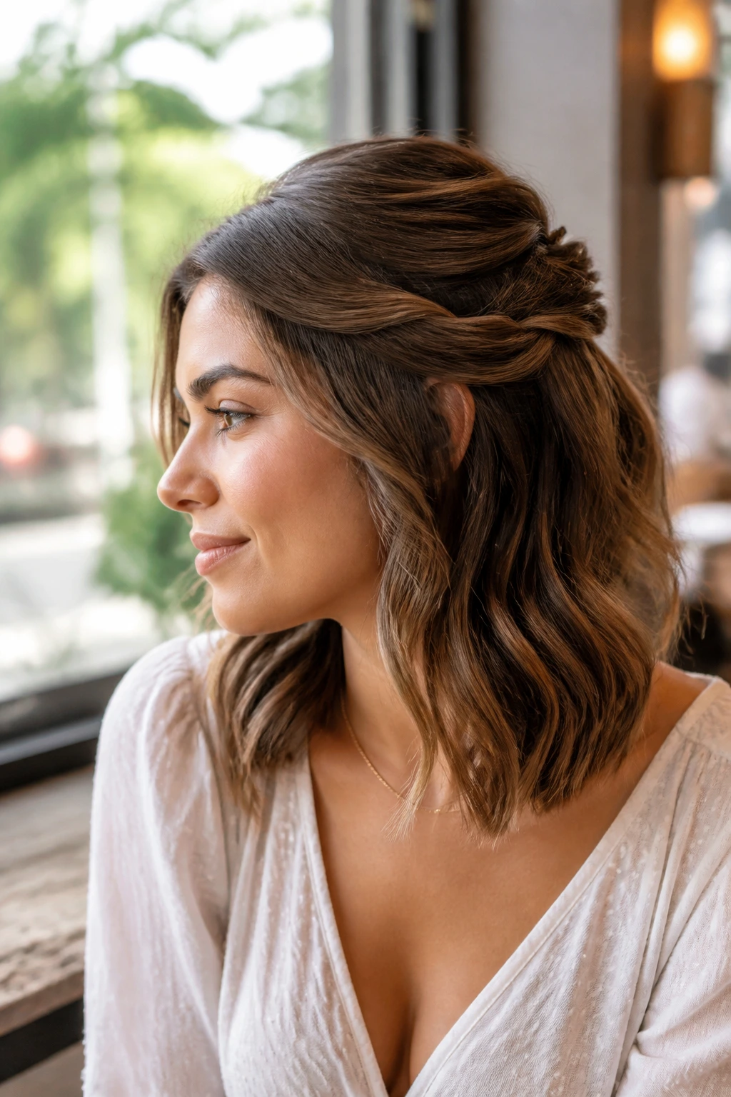 Portrait of a woman with half-up twist and loose lower waves