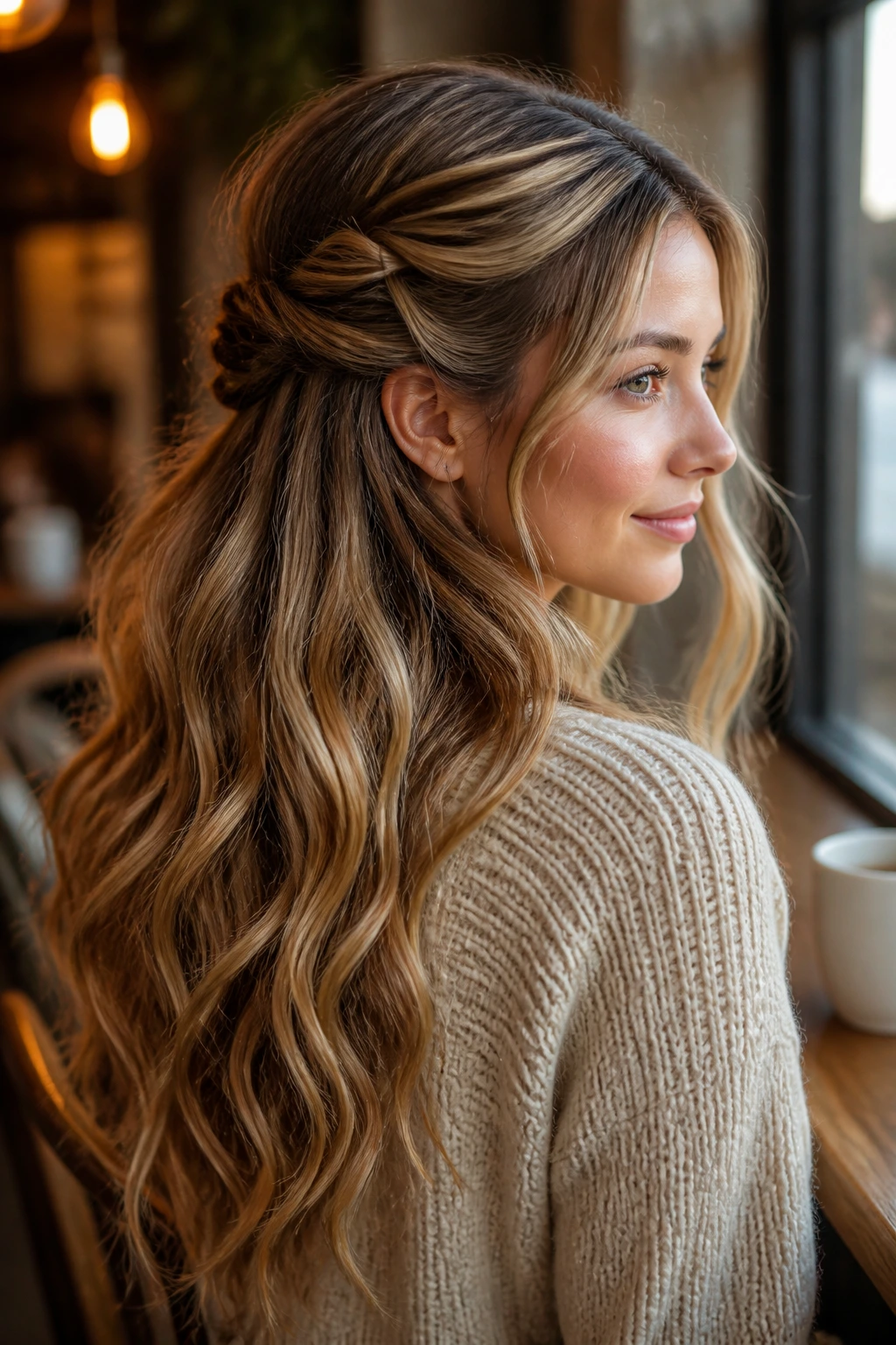 Real woman with a half-up twist and flowing waves in a cafe setting