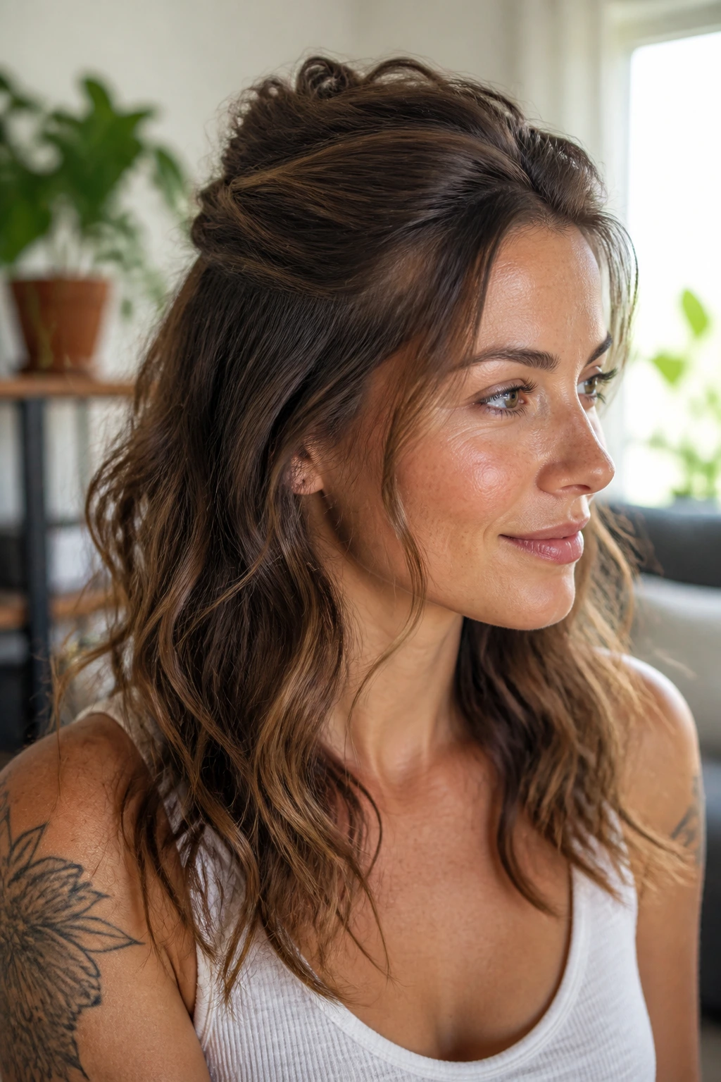 Real woman with a half-up twist and natural waves in warm light