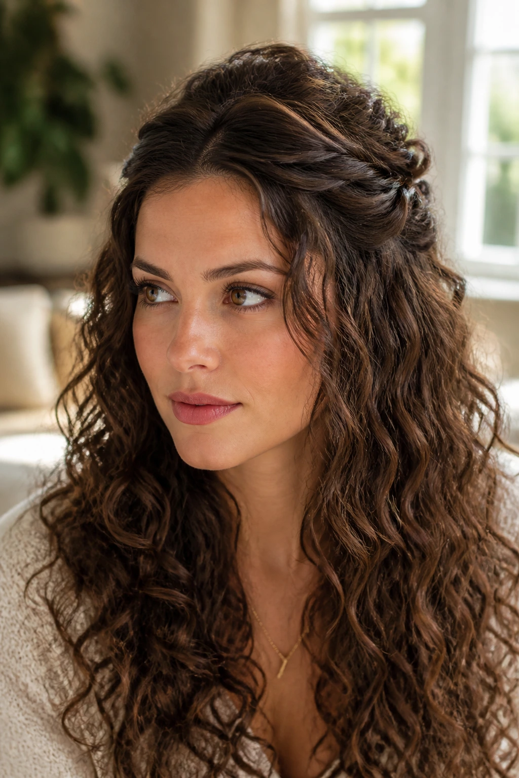 Close-up of real woman with half-up twisted crown