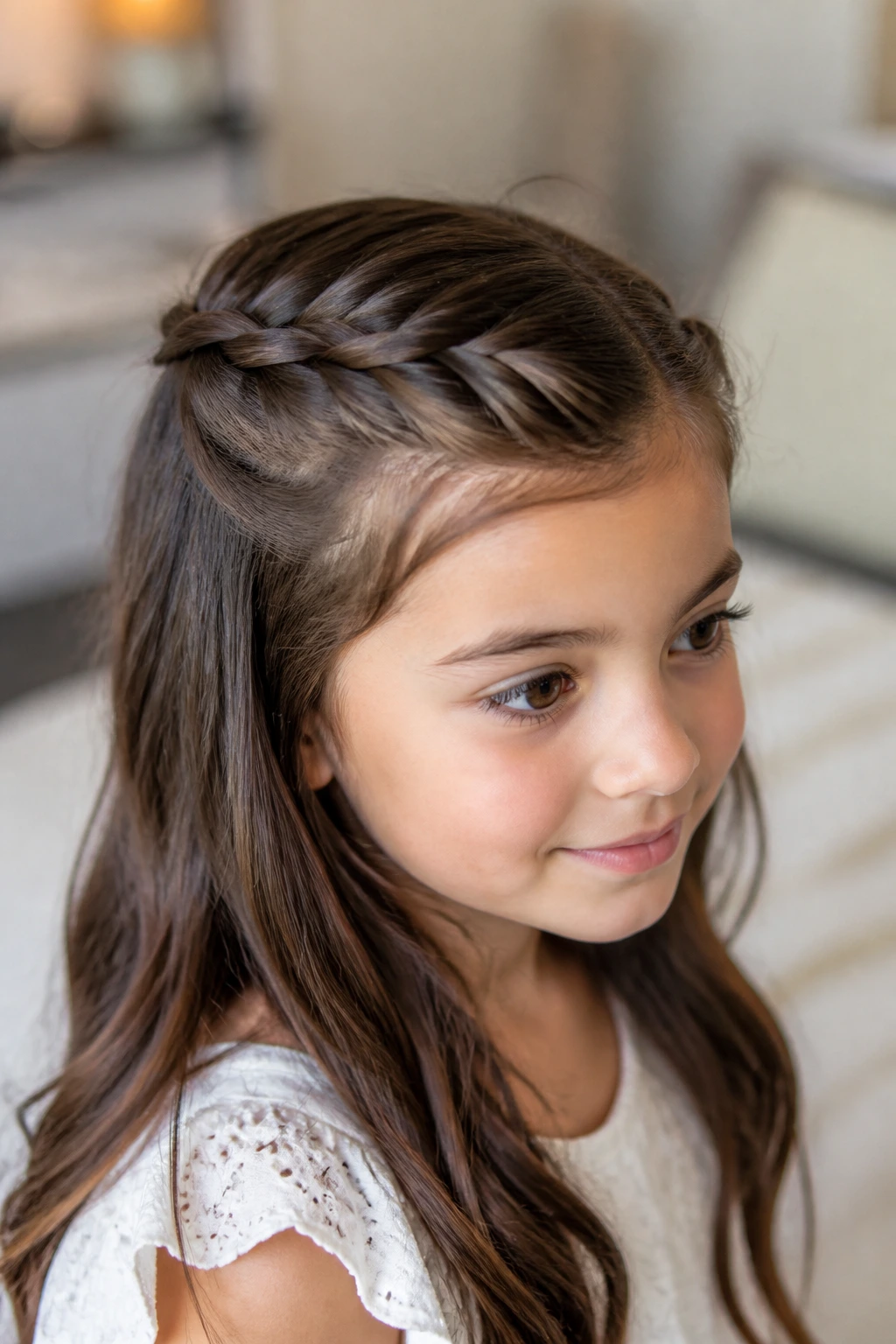 Girl wearing half-up twisted crown on brunette hair