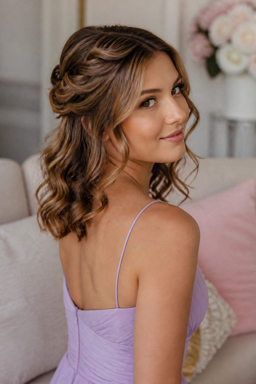 Half-up twisted crown with loose curls on a real person