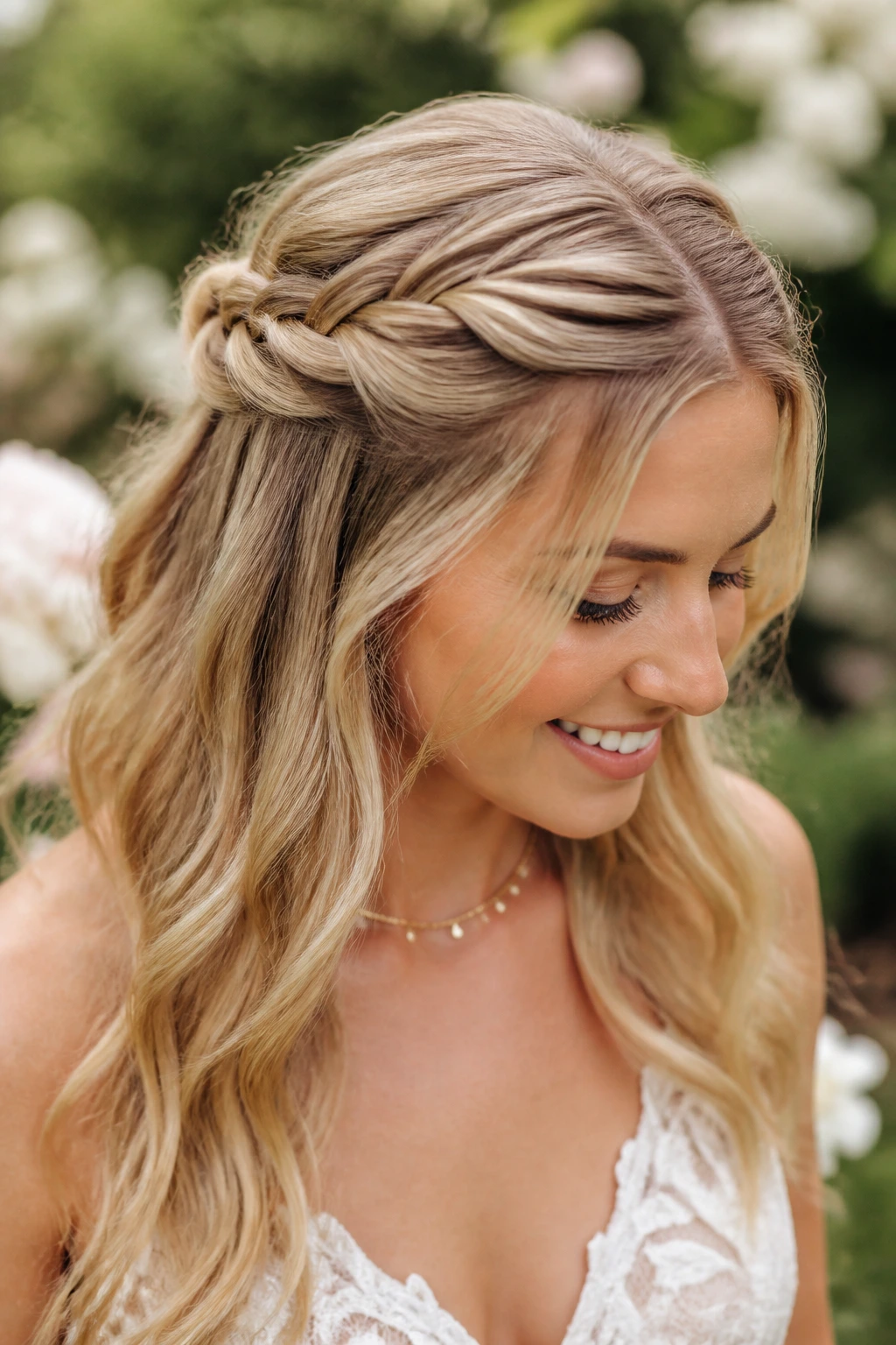 Bride with half-up twisted crown in garden