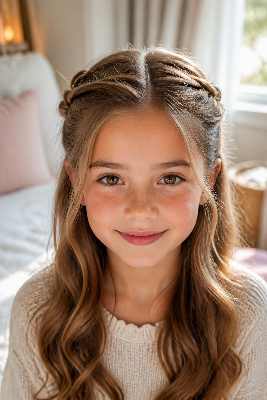 Close-up of a child's Half-Up Twisted Crown hairstyle with crown twists