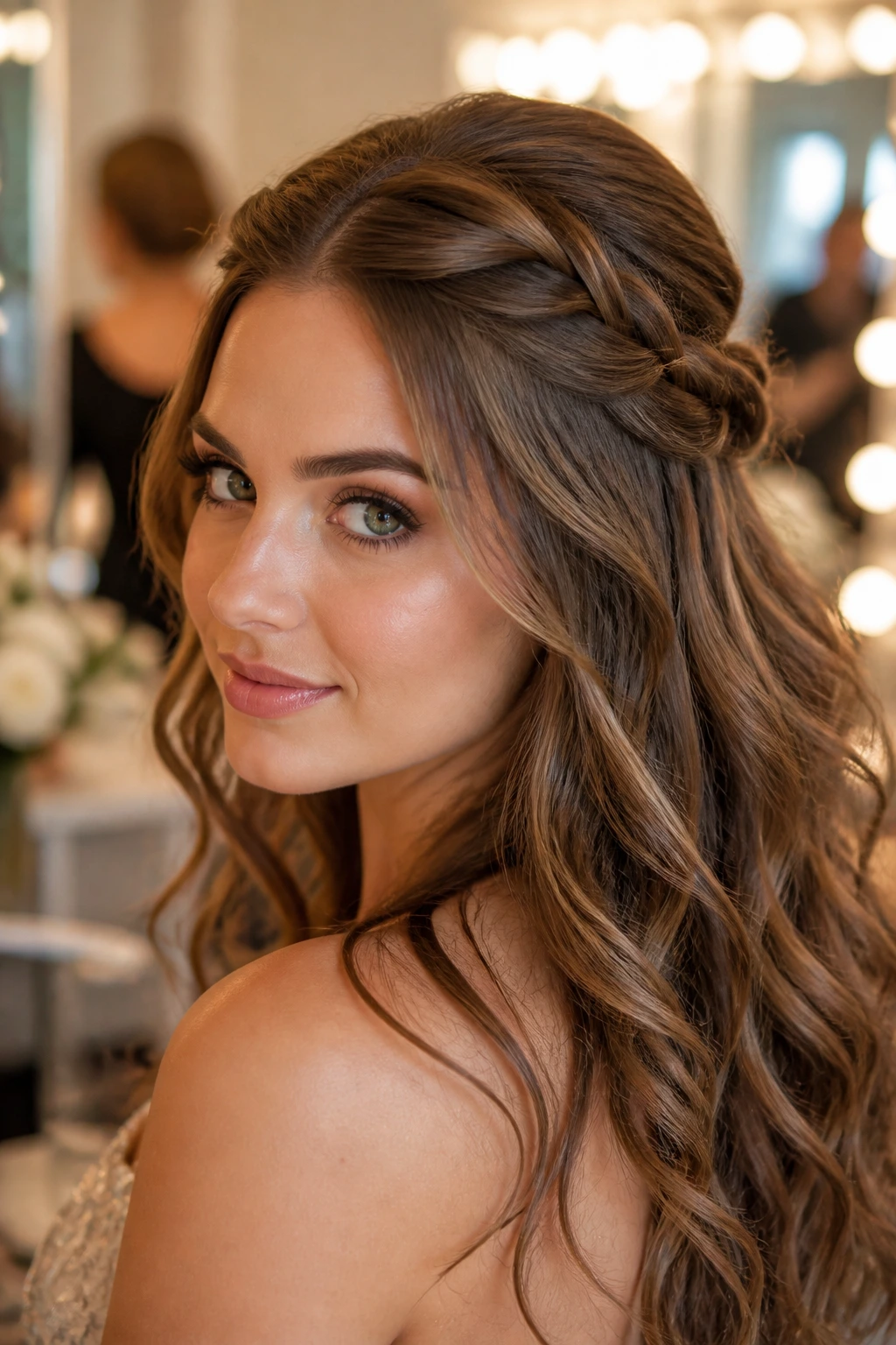Close-up of woman with half-up twisted crown hairstyle
