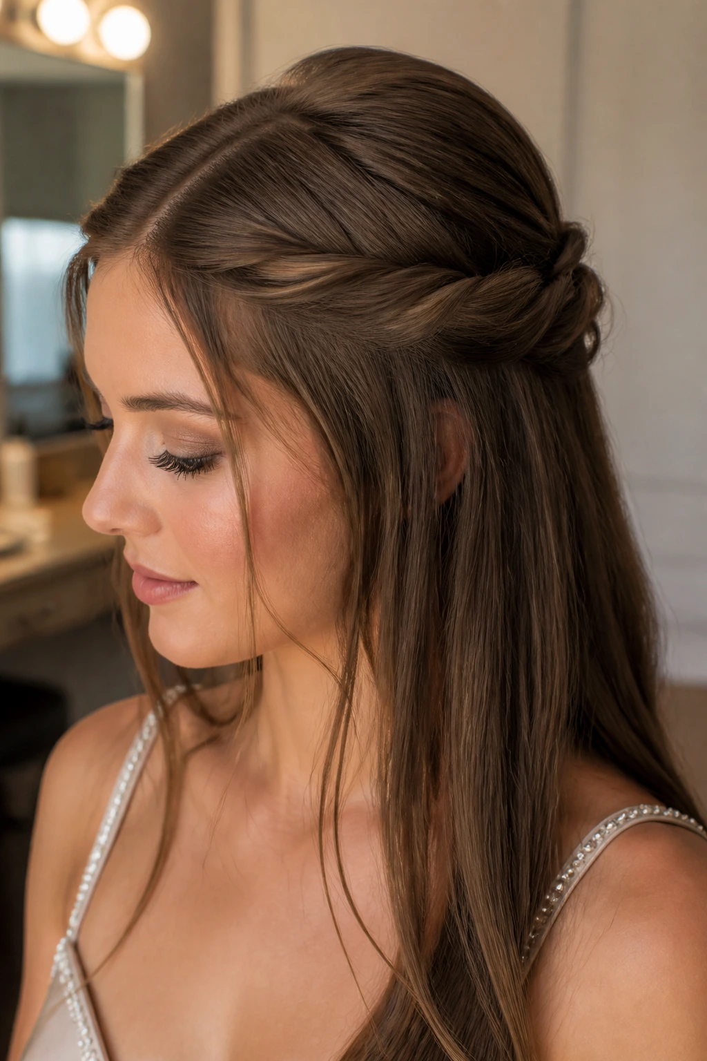 Close-up of a real woman wearing a half-up twisted crown hairstyle