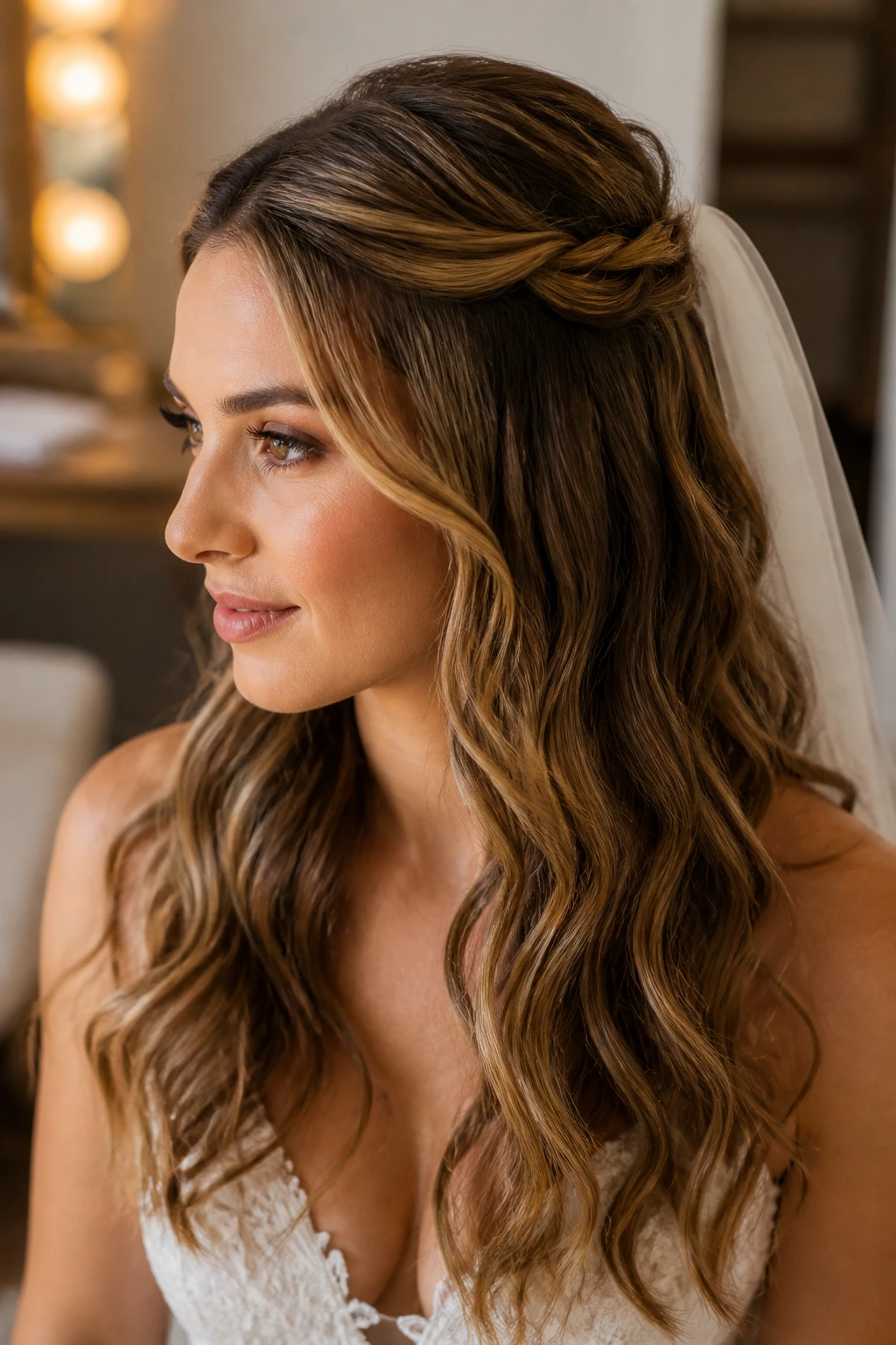 Close-up of a real bride with half-up twisted crown waves and a veil