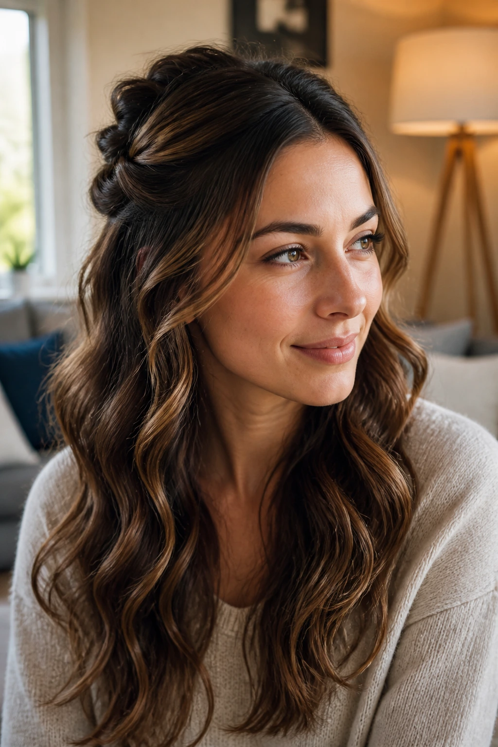 Woman with half-up twisted hairstyle showing lighter crown