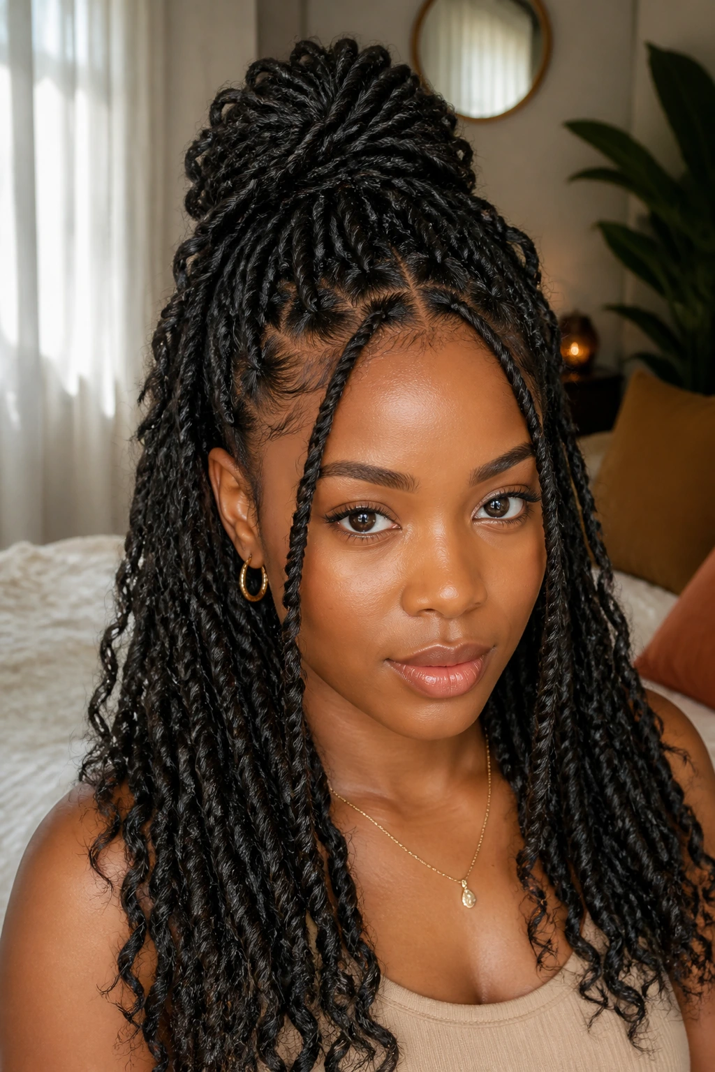Portrait of a woman with half-up half-down passion twists in a high crown