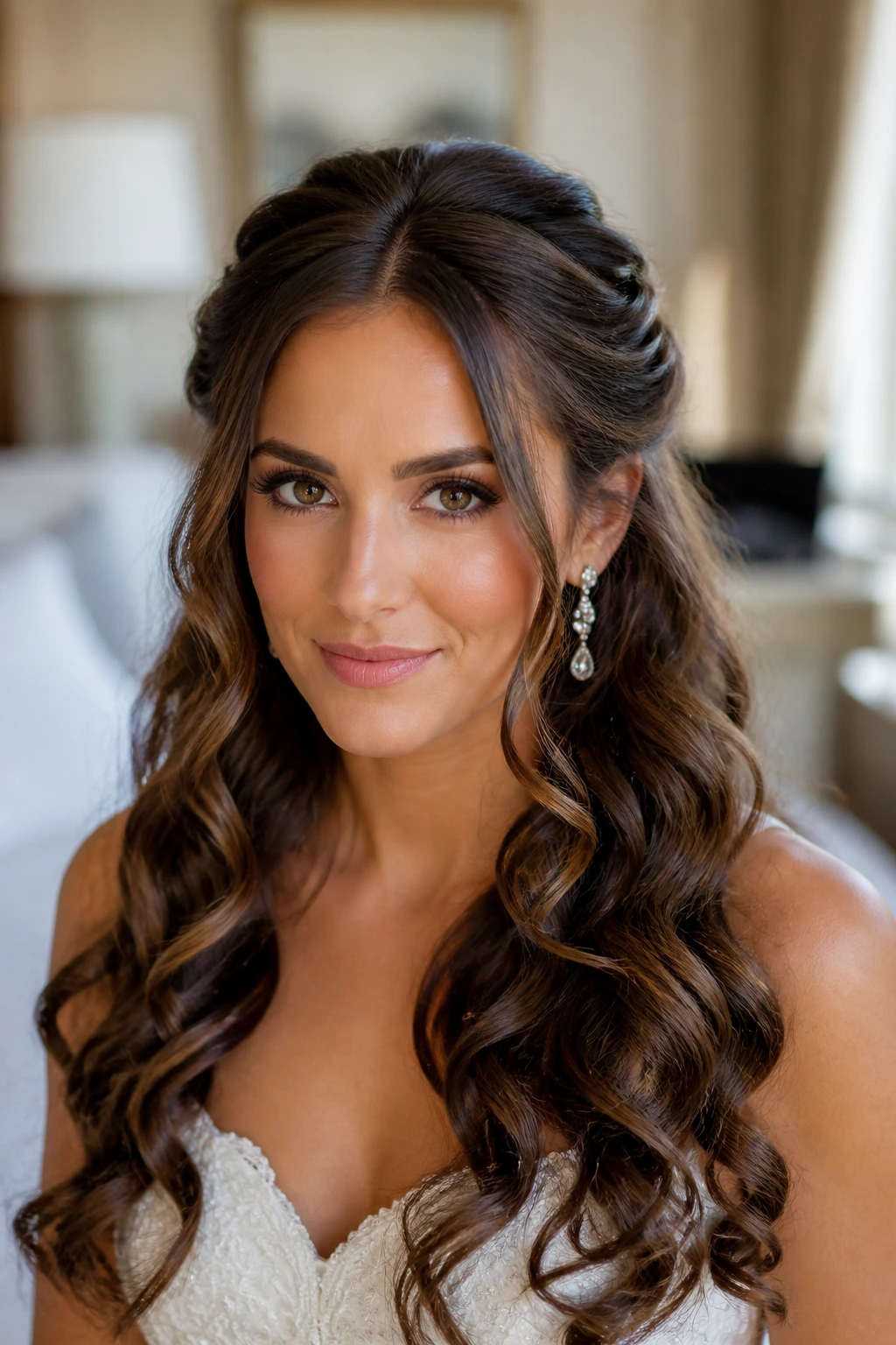 Real bride with half-up twist and cascading curls indoors