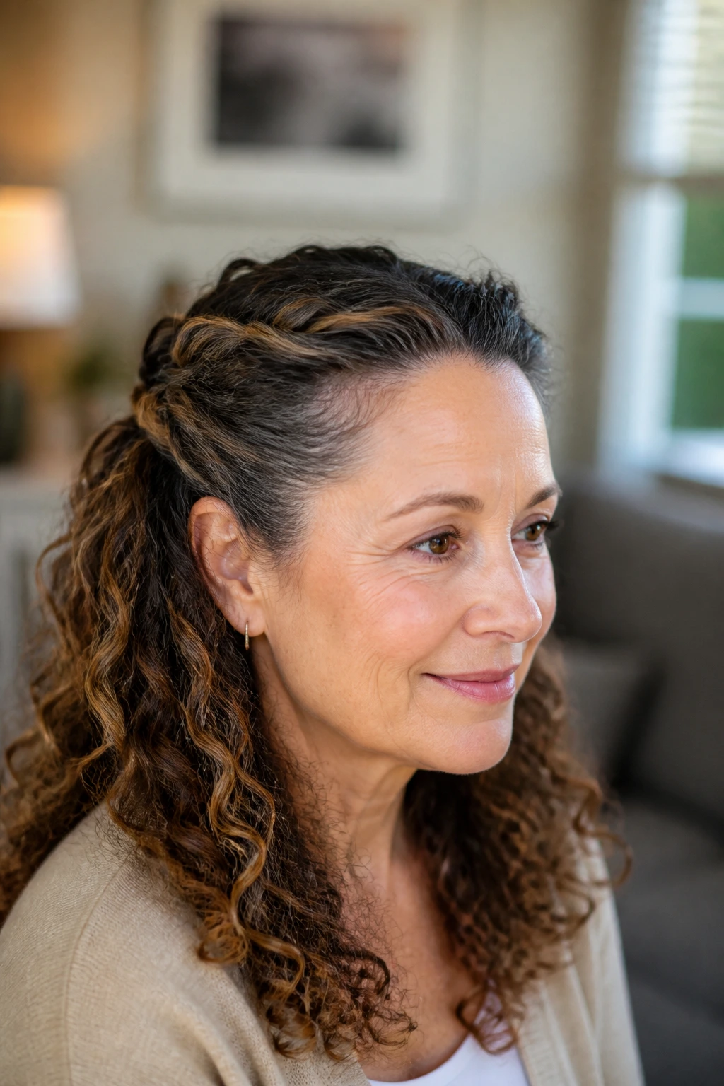 Portrait of a real woman with half-up twists showing crown twist and curls