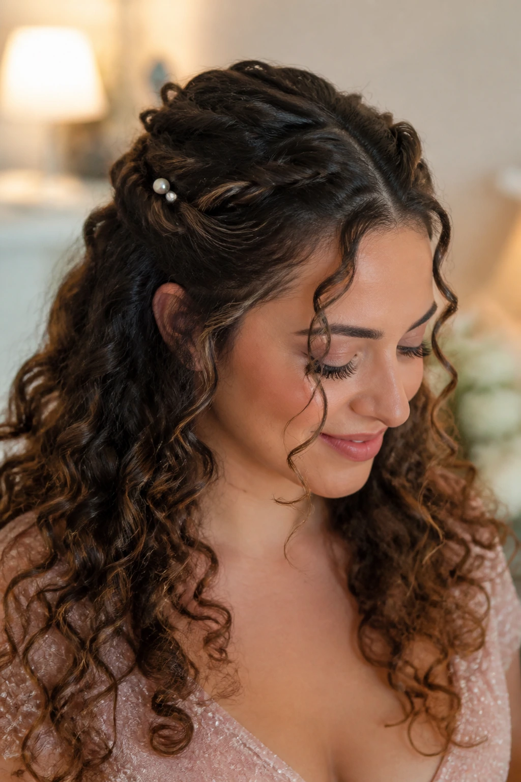 Close-up of a real woman with half-up twists and loose face-framing curls and pearl pins