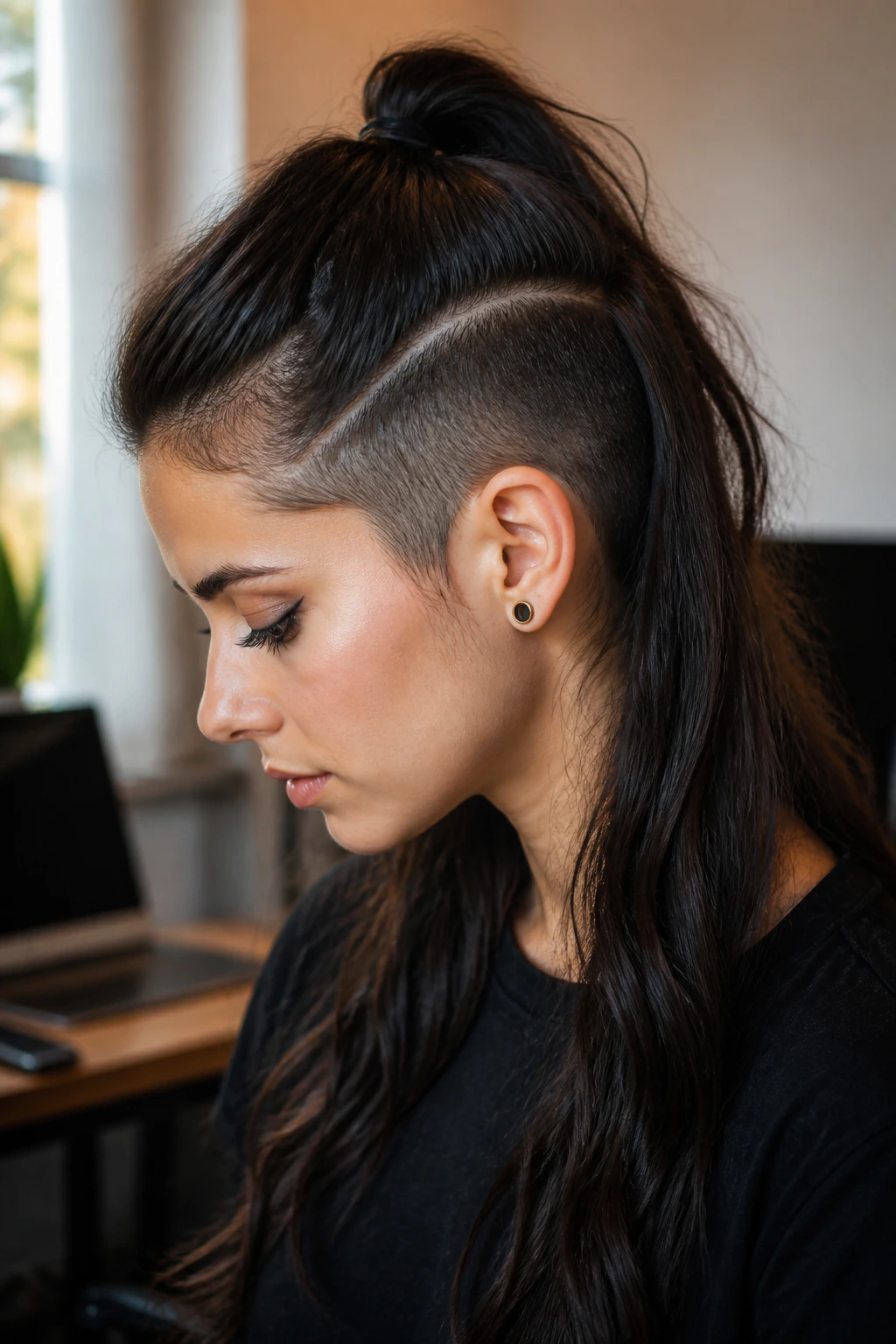 Close-up portrait of a real woman with half-up ponytail undercut