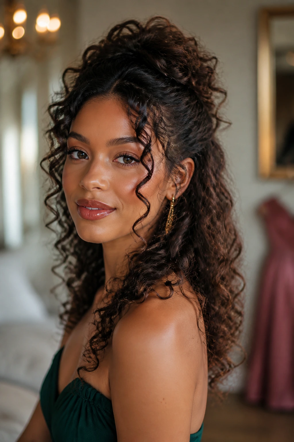 Close-up of a real person showing a curly-first half-up hairstyle with top gathered away from the face