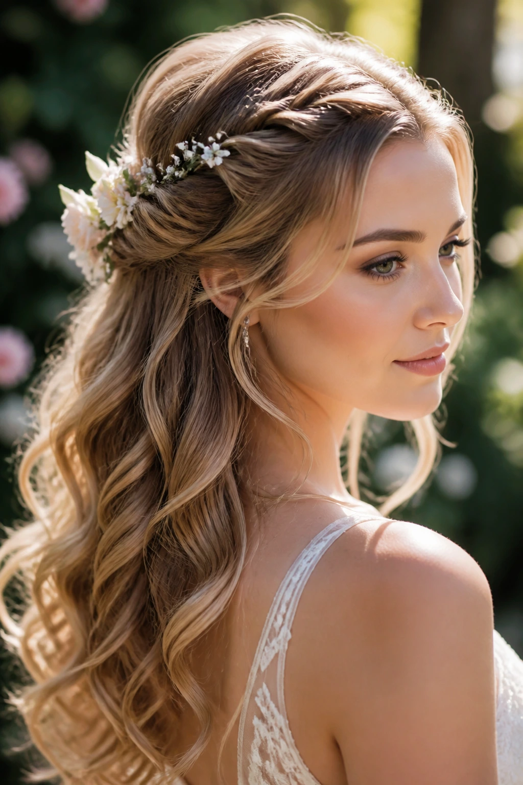 Real woman wearing a crown twist half-up with floral accents in a garden