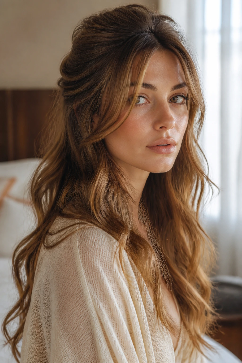 Close-up of a woman showing half-up volume with loose lengths.