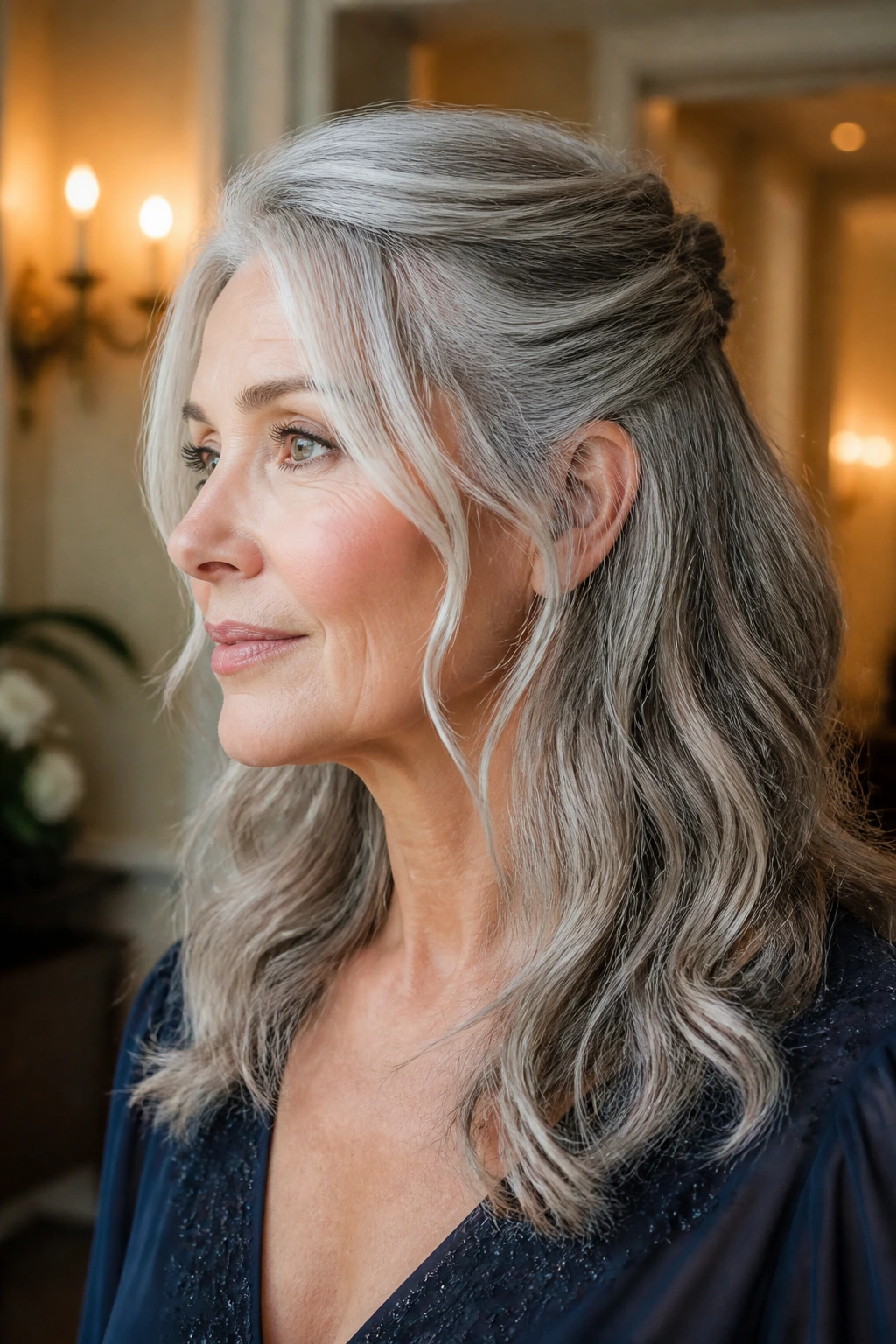 Close-up portrait of a real woman with a half-up wave hairstyle and face-framing pieces.