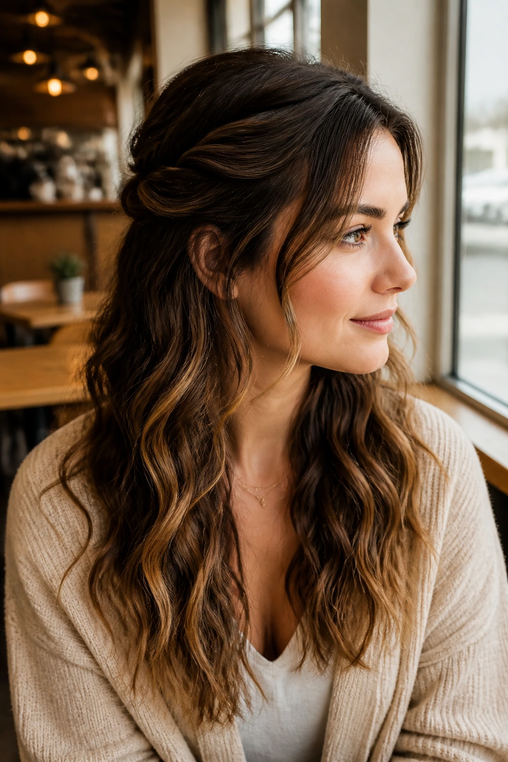 Close-up of a real woman with half-up twist waves