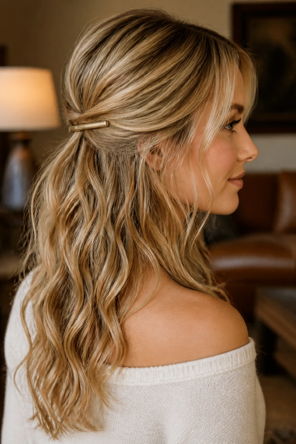 Close-up of a real woman with half-up waves and a slim barrette