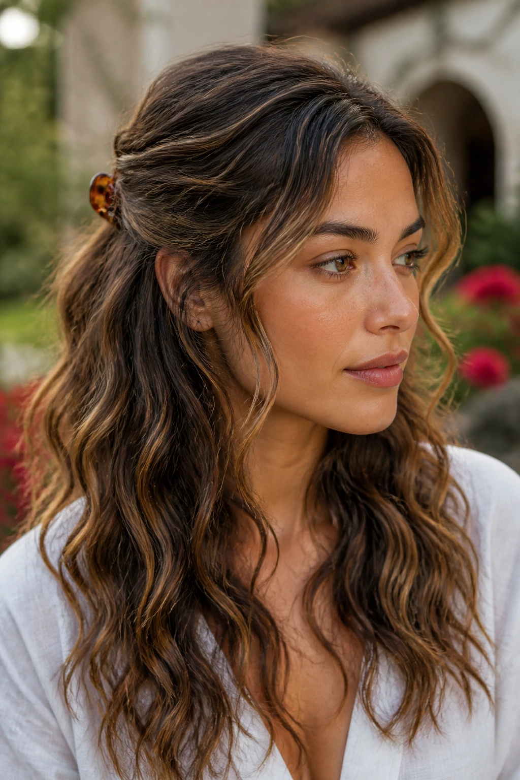 Portrait of a person with half-up beach waves and clip