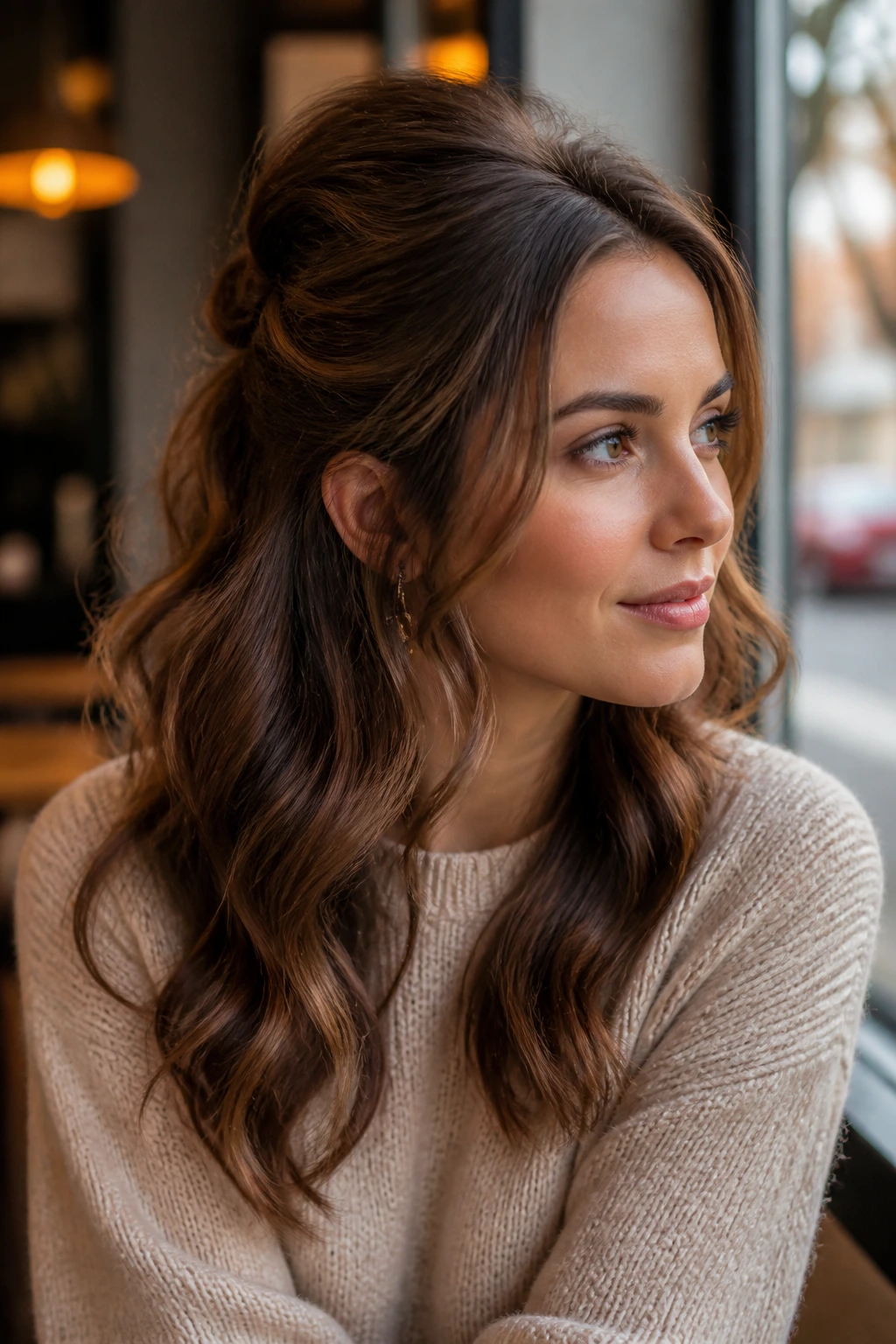 Close-up of a woman with half-up waves and crown lift in a cozy cafe setting