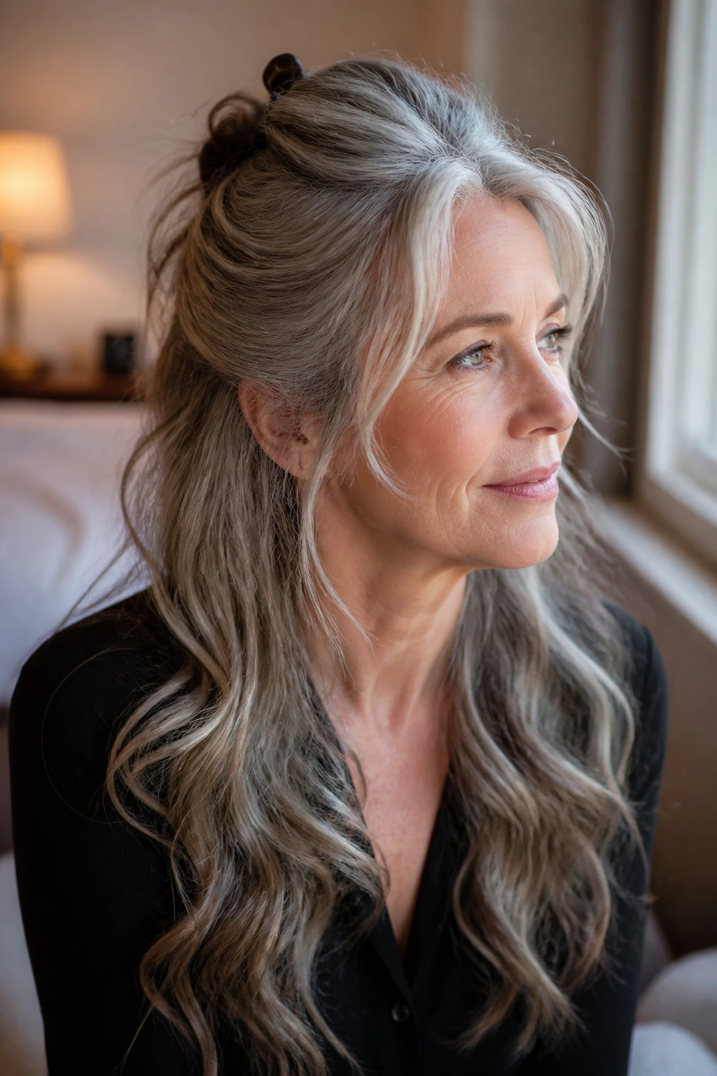 Close-up portrait of a real woman with half-up waves and crown lift.
