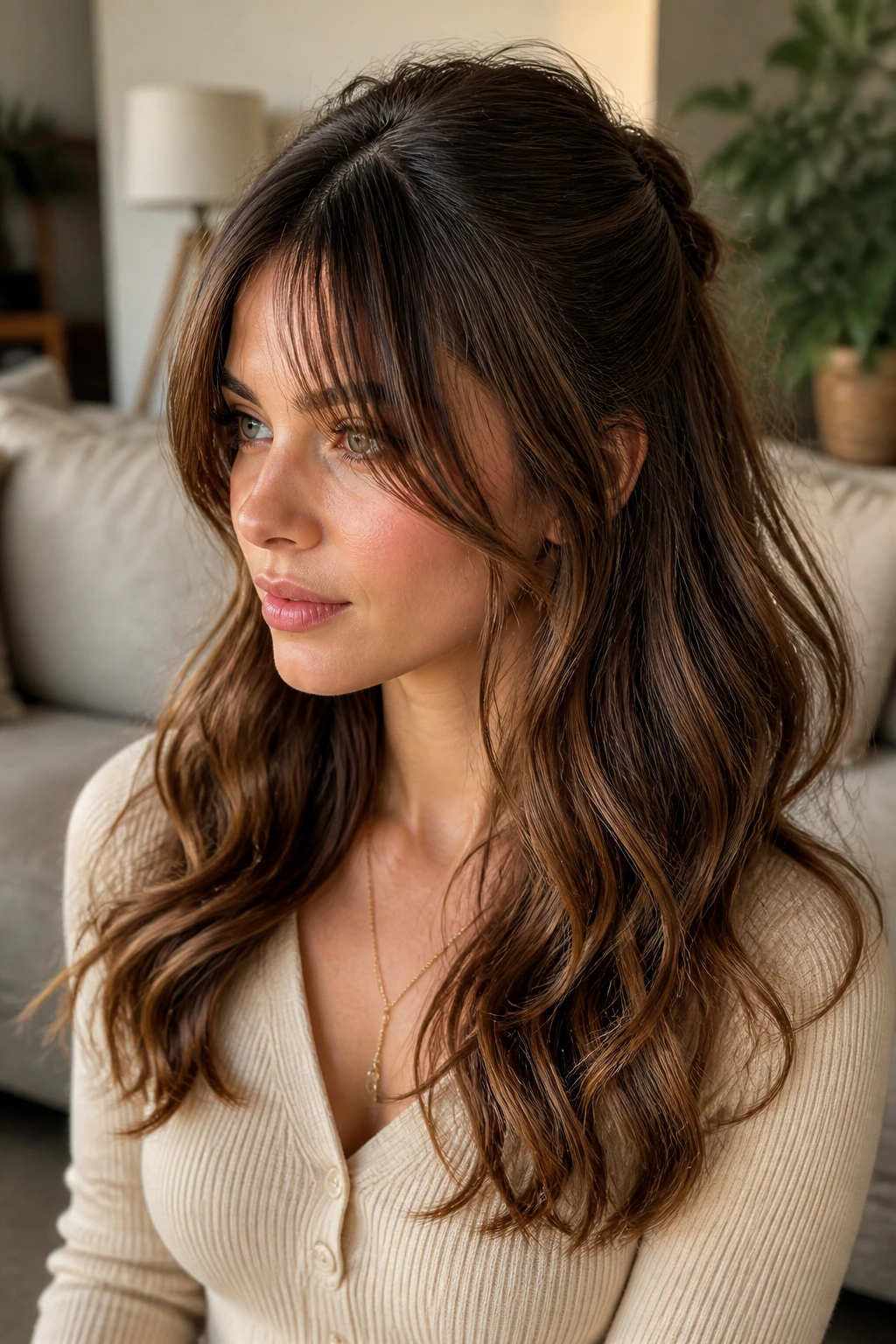 Close-up portrait of a real person with half-up waves and long face-framing bangs in a cozy living room