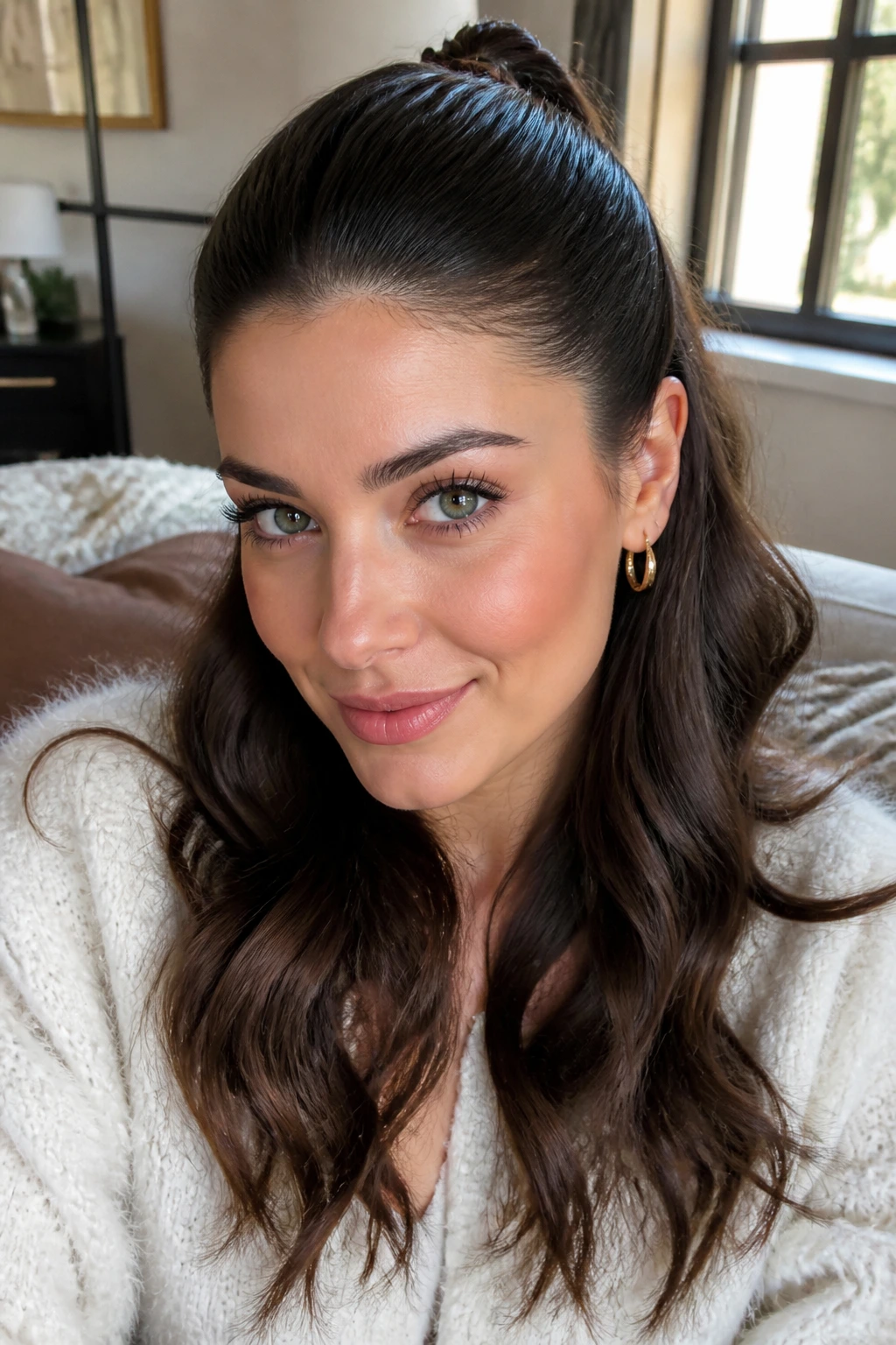 Close-up of a real woman with half-up slicked-back waves