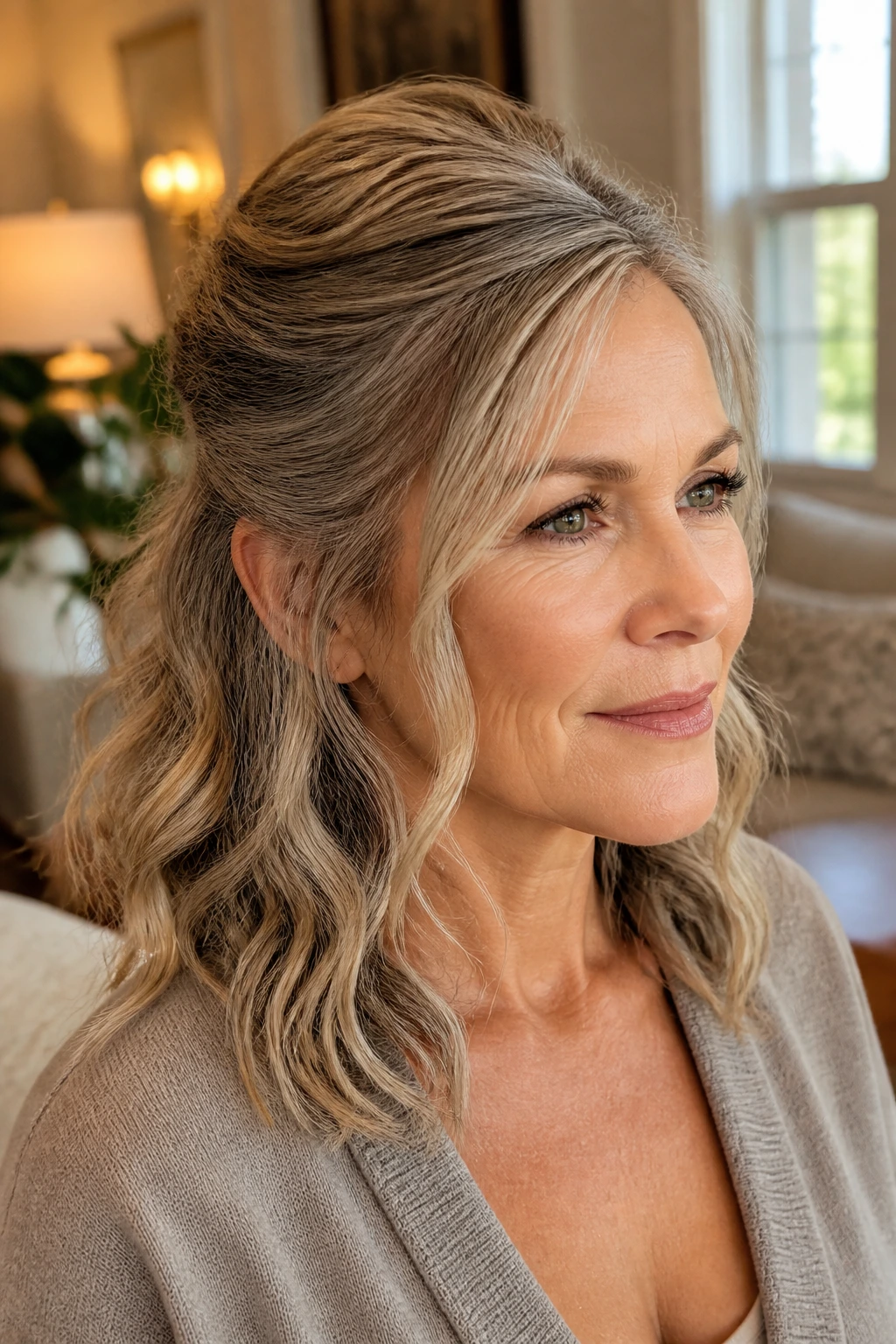 Real woman with half-up wavy hairstyle, crown lifted and loose face-framing strands