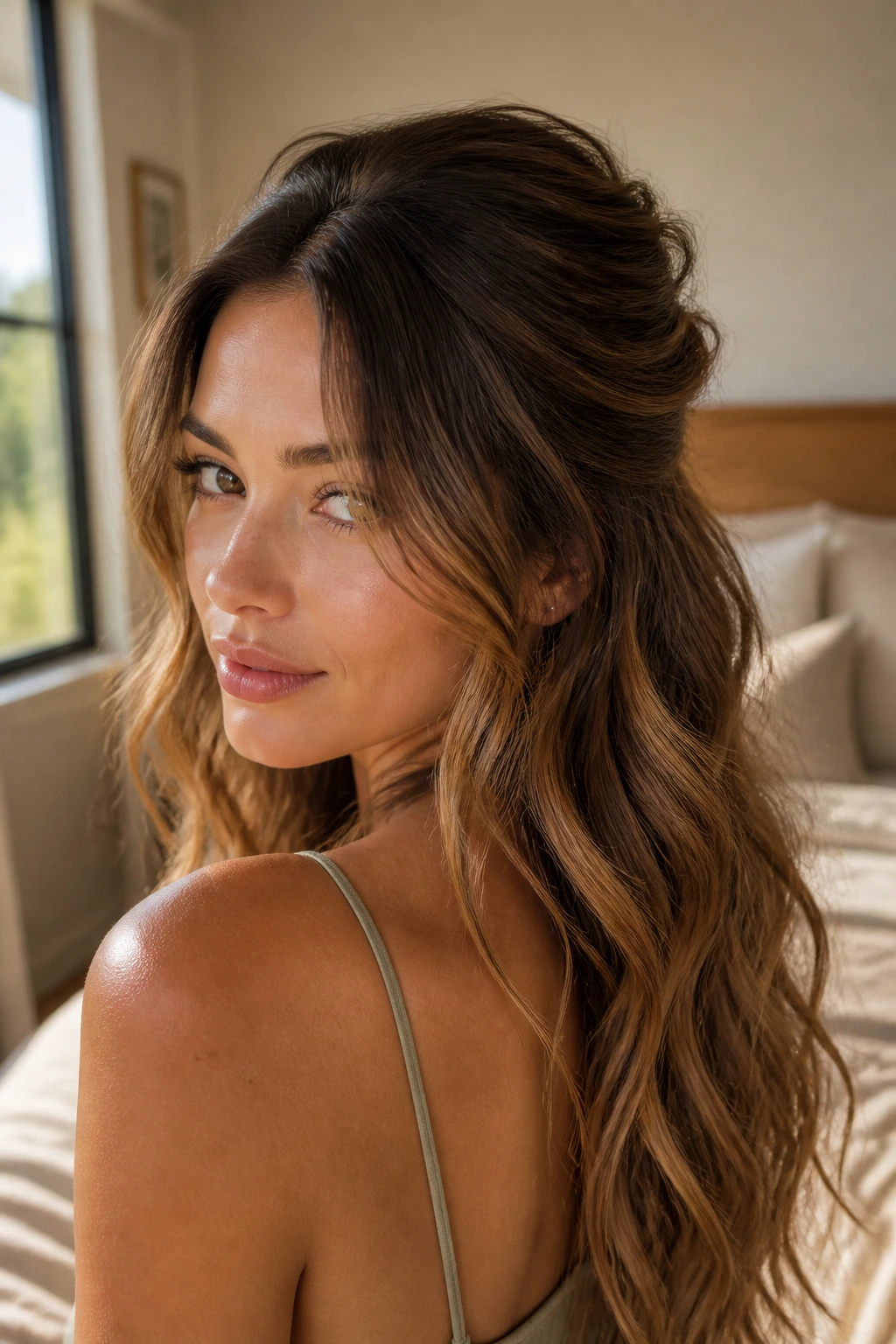Close-up of a real woman with half-up waves and a hidden clip