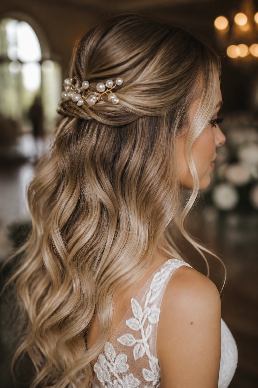 Bride with half-up waves and pearl pins