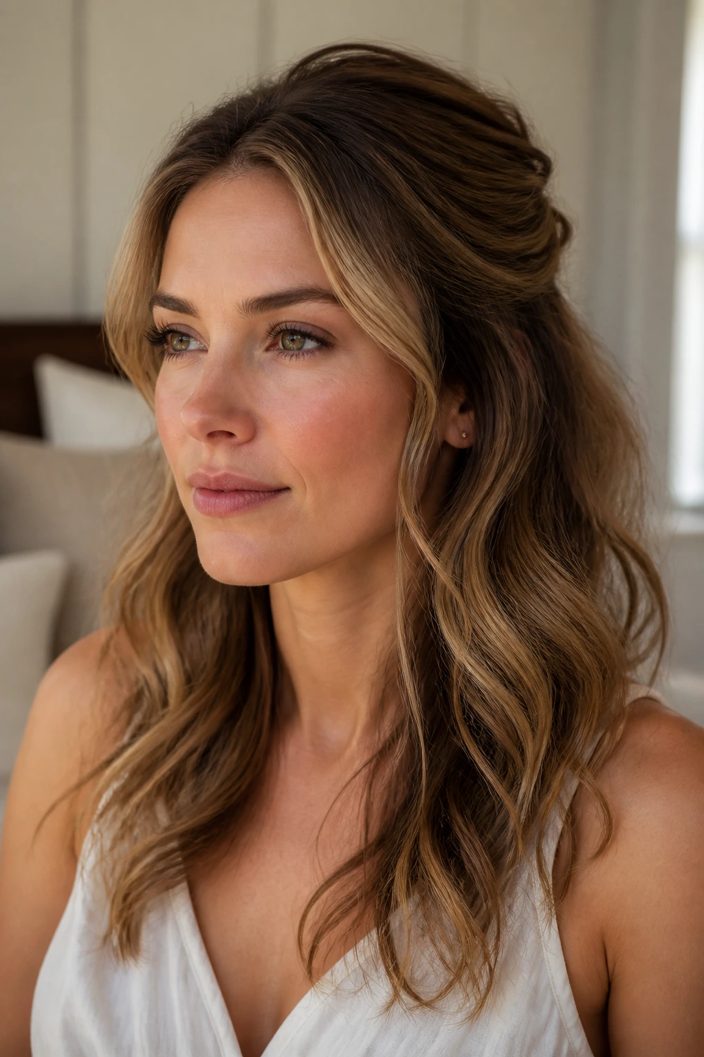 Close-up of a real woman with half-up pinned back waves
