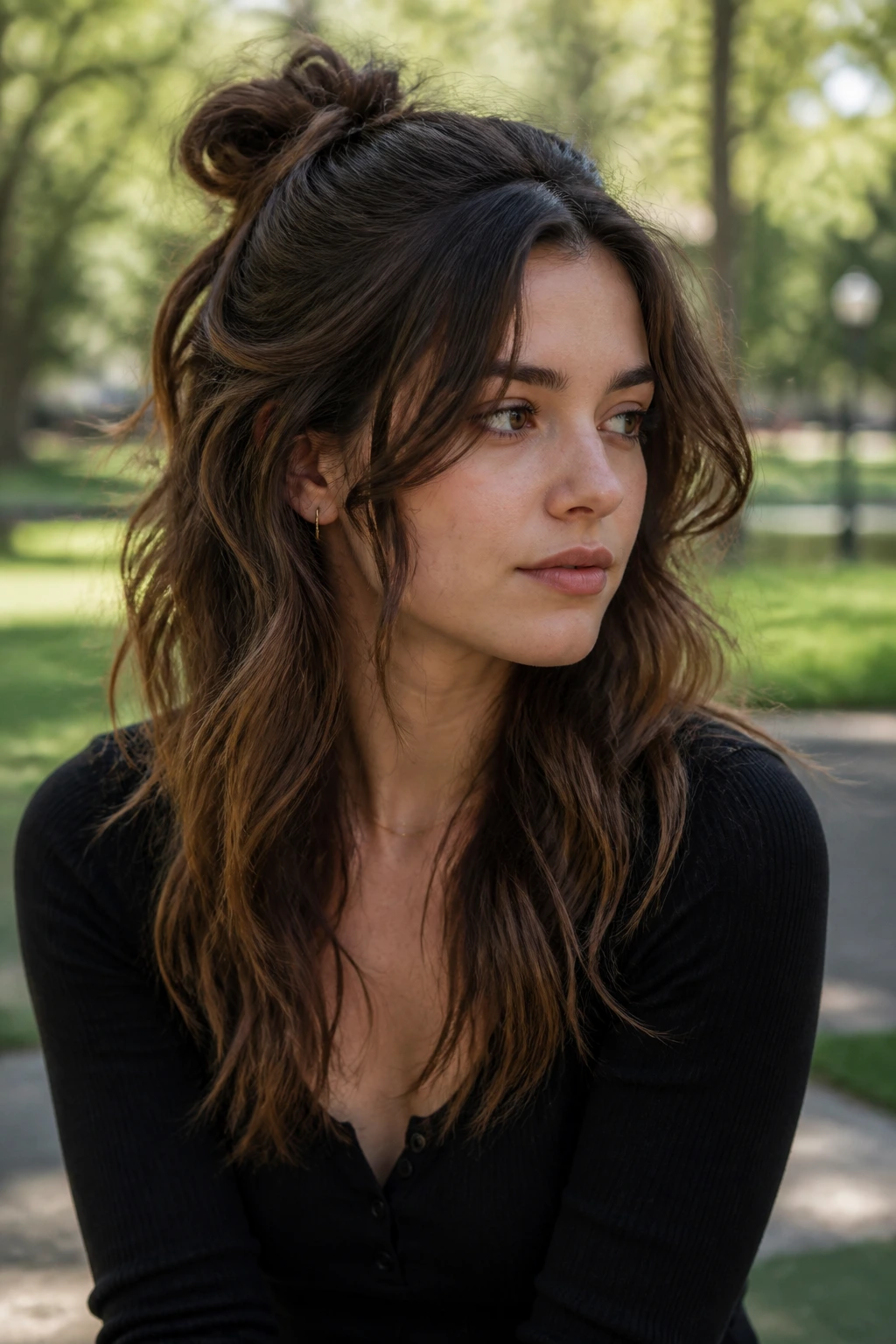 Portrait of a real woman with half-up hairstyle and loose front pieces
