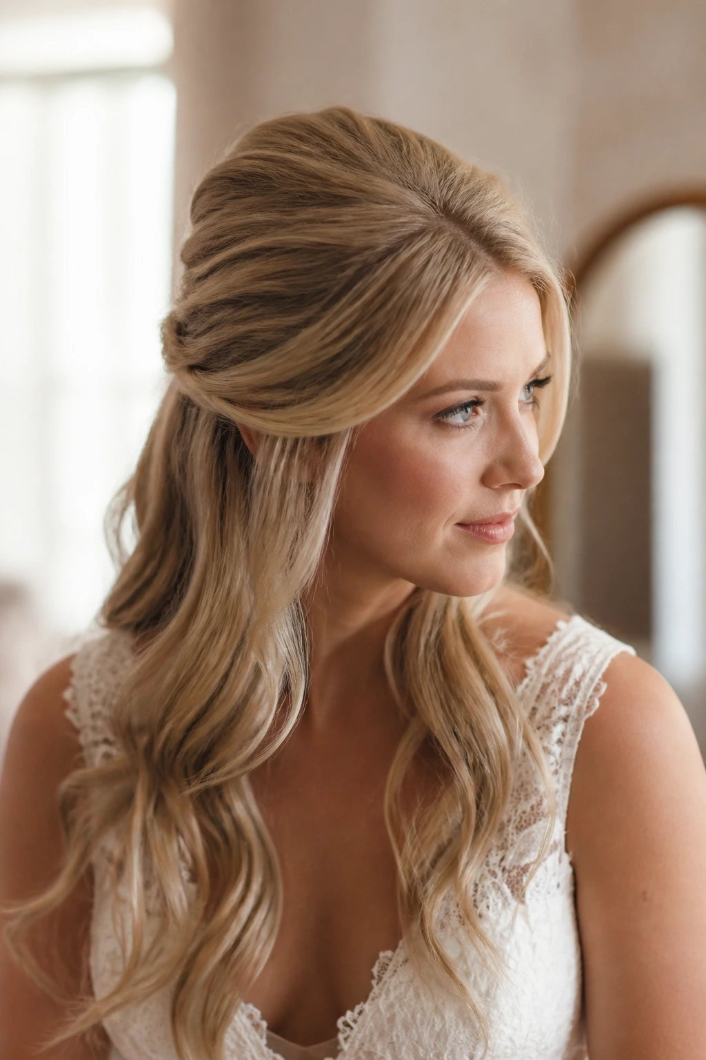 Close-up of real bride with half-up crown and extra volume in a bridal suite
