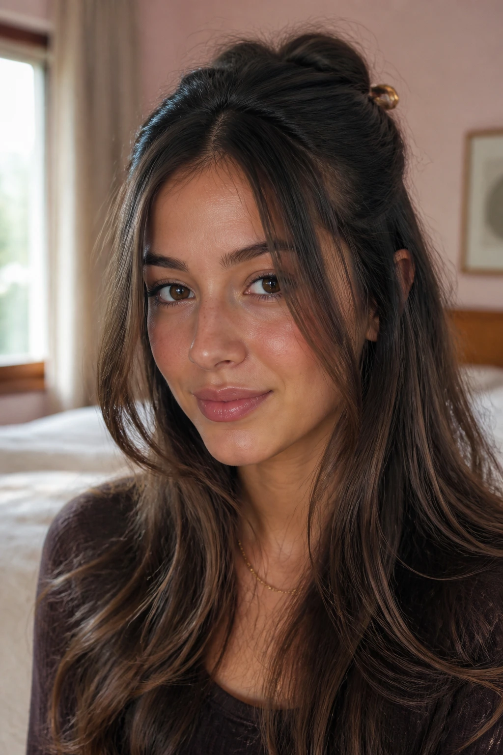 Close-up portrait of a real woman with half-up friendly front pieces framing the face in a cozy bedroom.