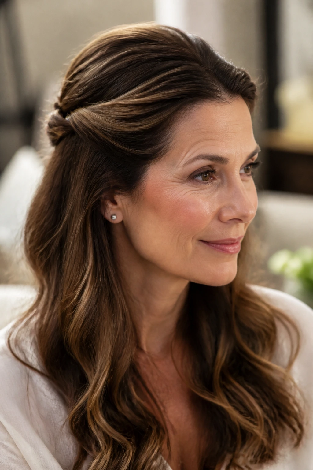 Close-up of a real woman with a half-up twist and crown volume