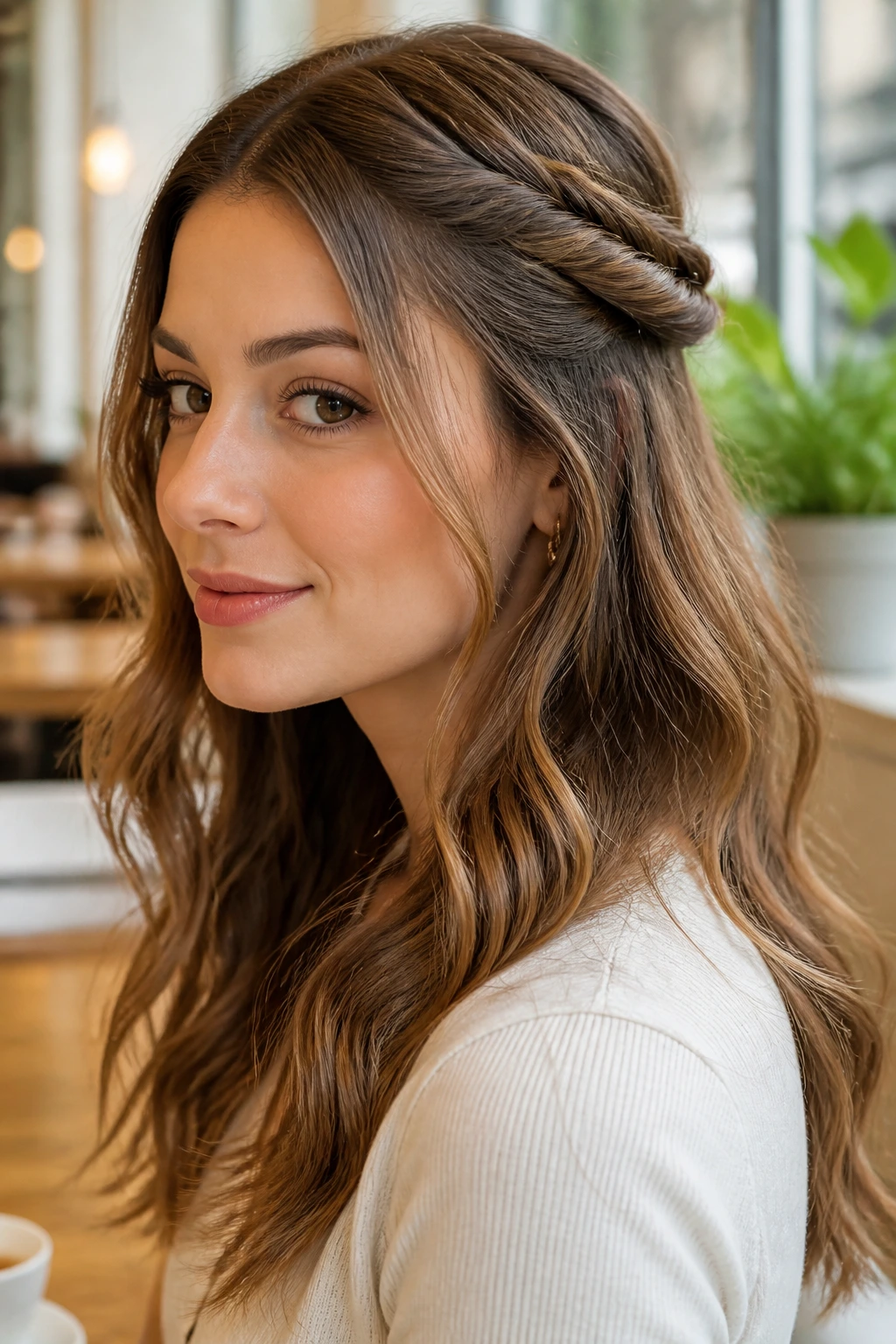 Close-up of a real woman showing half-up twists with waves underneath.