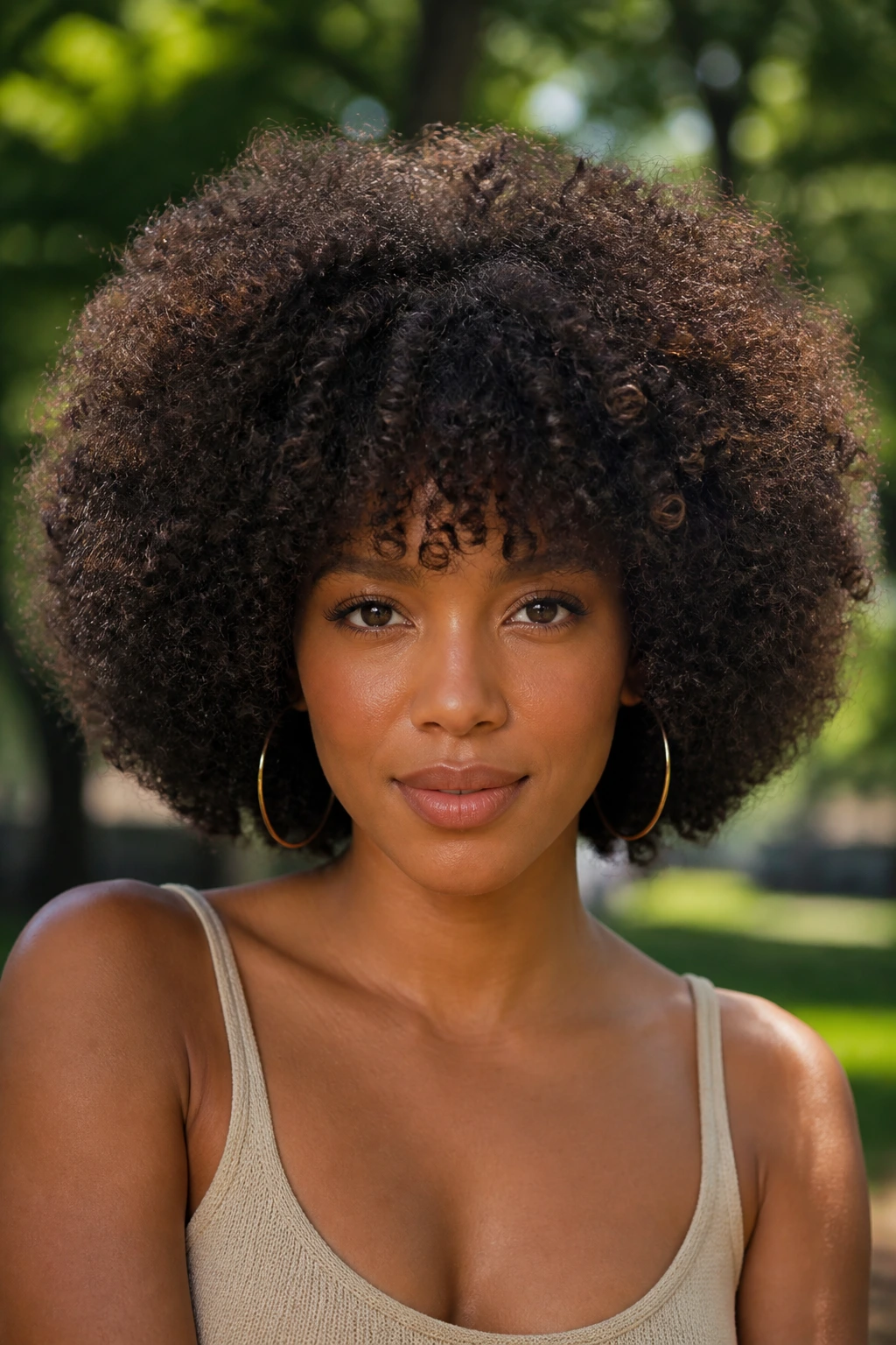 Front portrait of a real woman with halo afro and rounded fringe in a sunlit park