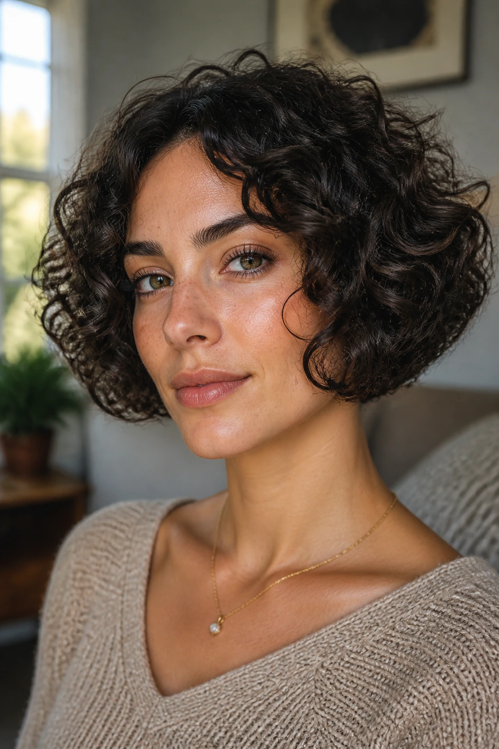 Real person with chin-length halo bob in warm natural light