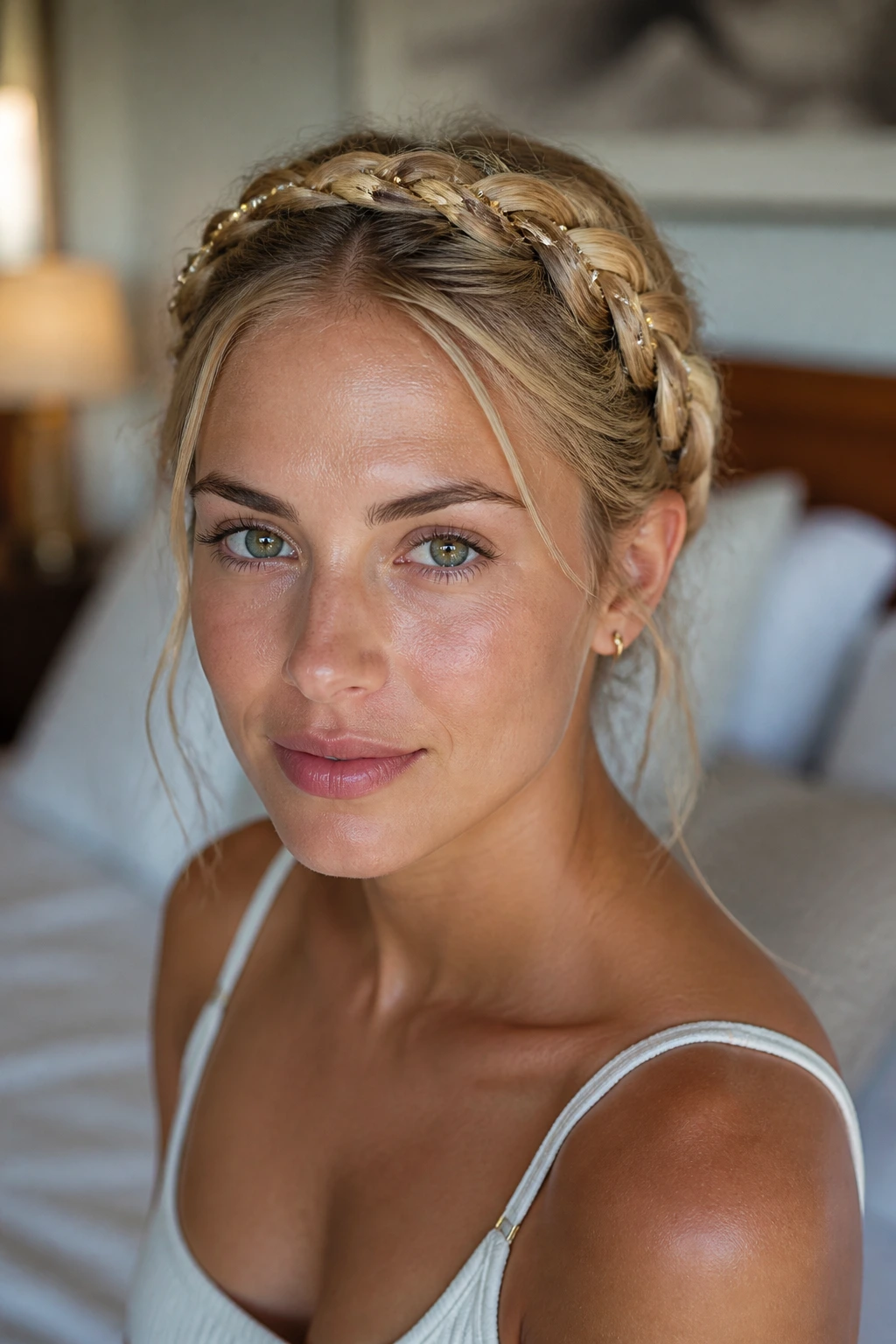 Close-up of a sandy blonde halo braid with tiny seed beads around the head