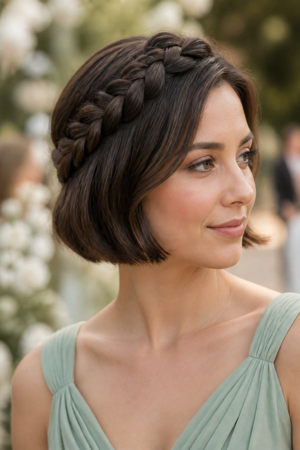 Portrait of a real woman with a halo braid on a chin-length bob in natural daylight.