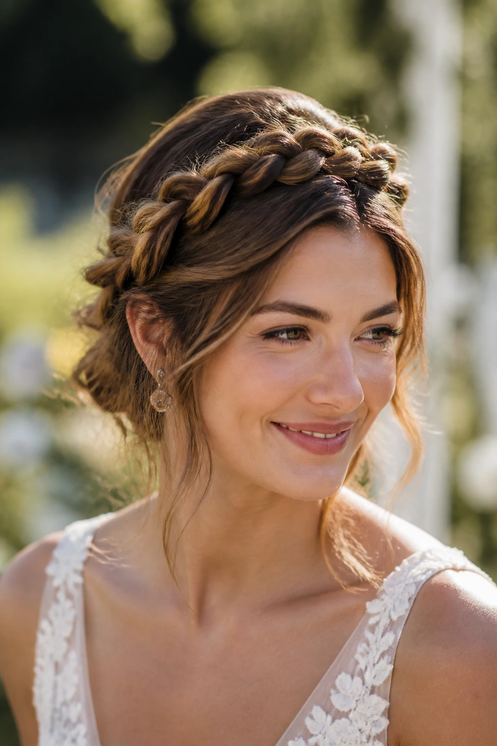Three-quarter view of real bride with halo braid and loose ends outdoors