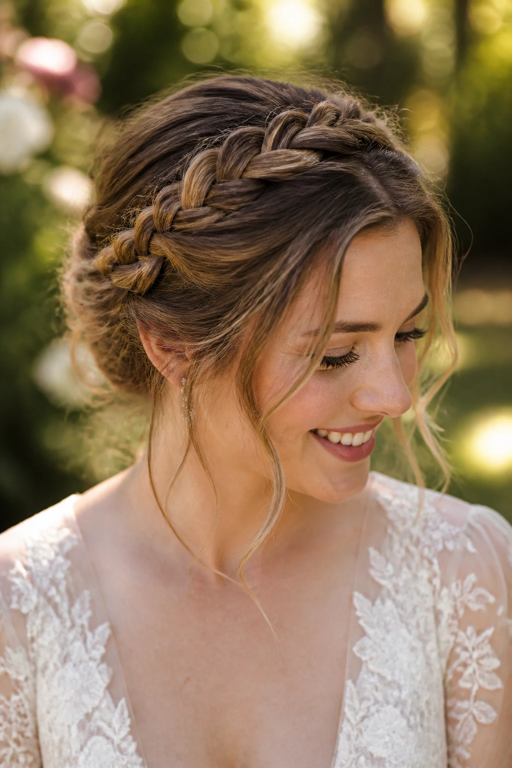 Medium close-up of a real bride wearing halo braid with loose framing pieces