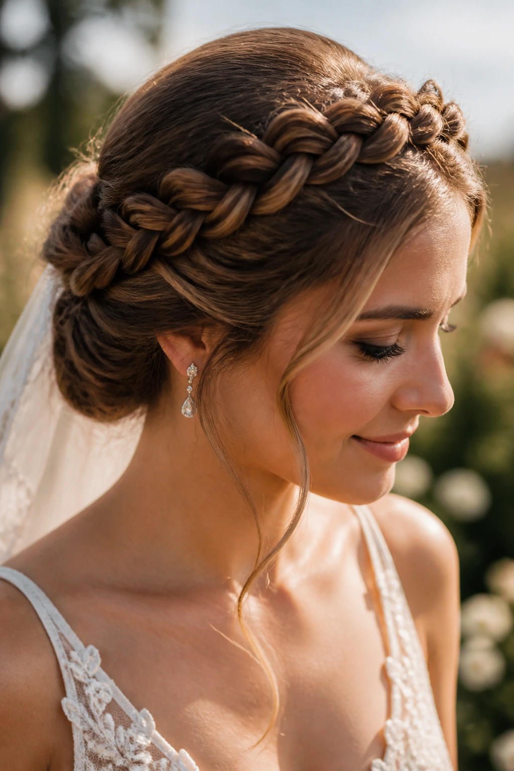 Bride wearing a thick halo braid around her head in natural light
