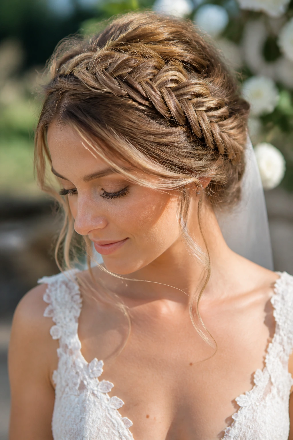 Bride wearing a fishtail halo braid with loosened edges