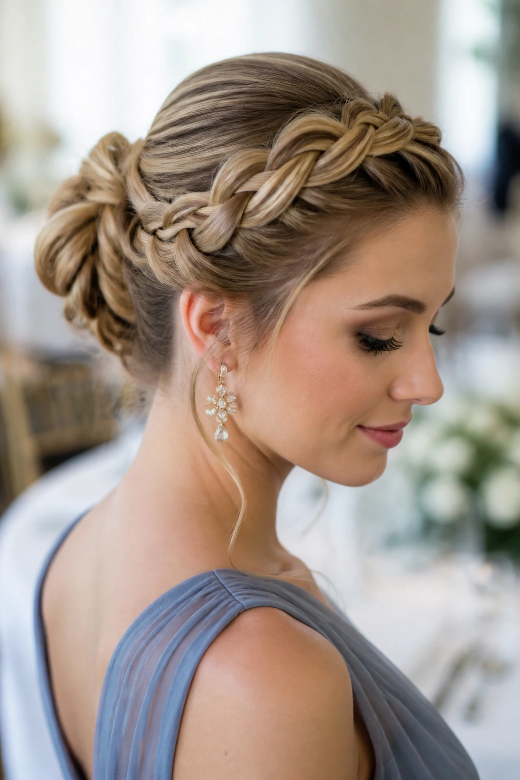 Real woman wearing halo braid that feeds into a bun