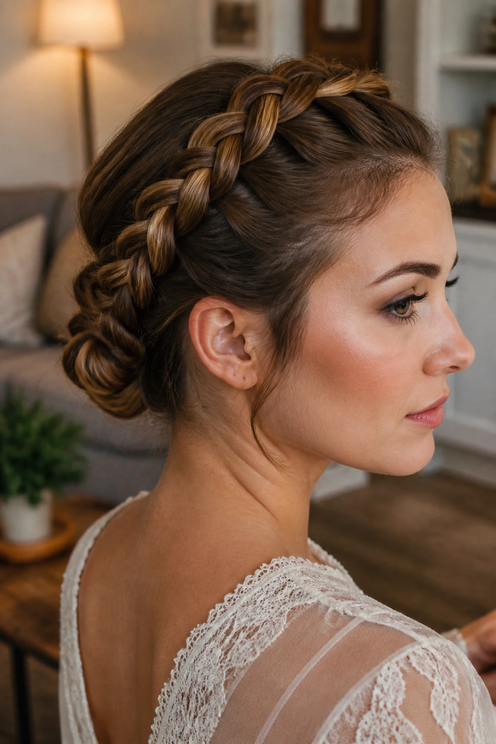 Close-up portrait of a woman with a halo braid that forms a low bun at the nape