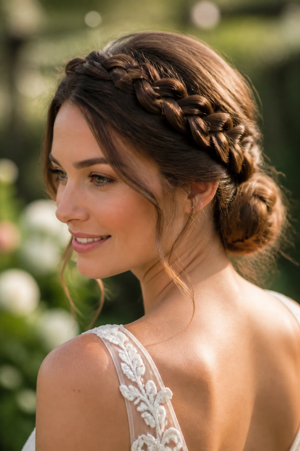 Halo braid surrounding head and merging into a low bun in garden light